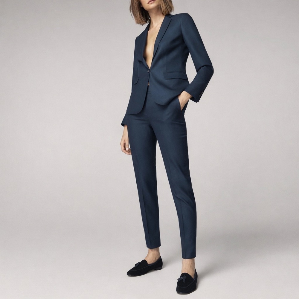 Massimo Dutti Navy Textured Wool Slim Ankle Suit Trousers | Size 2